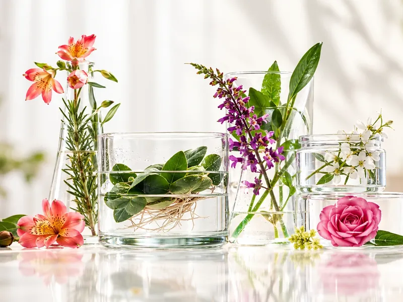 Botanická kompozícia s kvetmi a prírodnými prvkami kozmetickej starostlivosti.